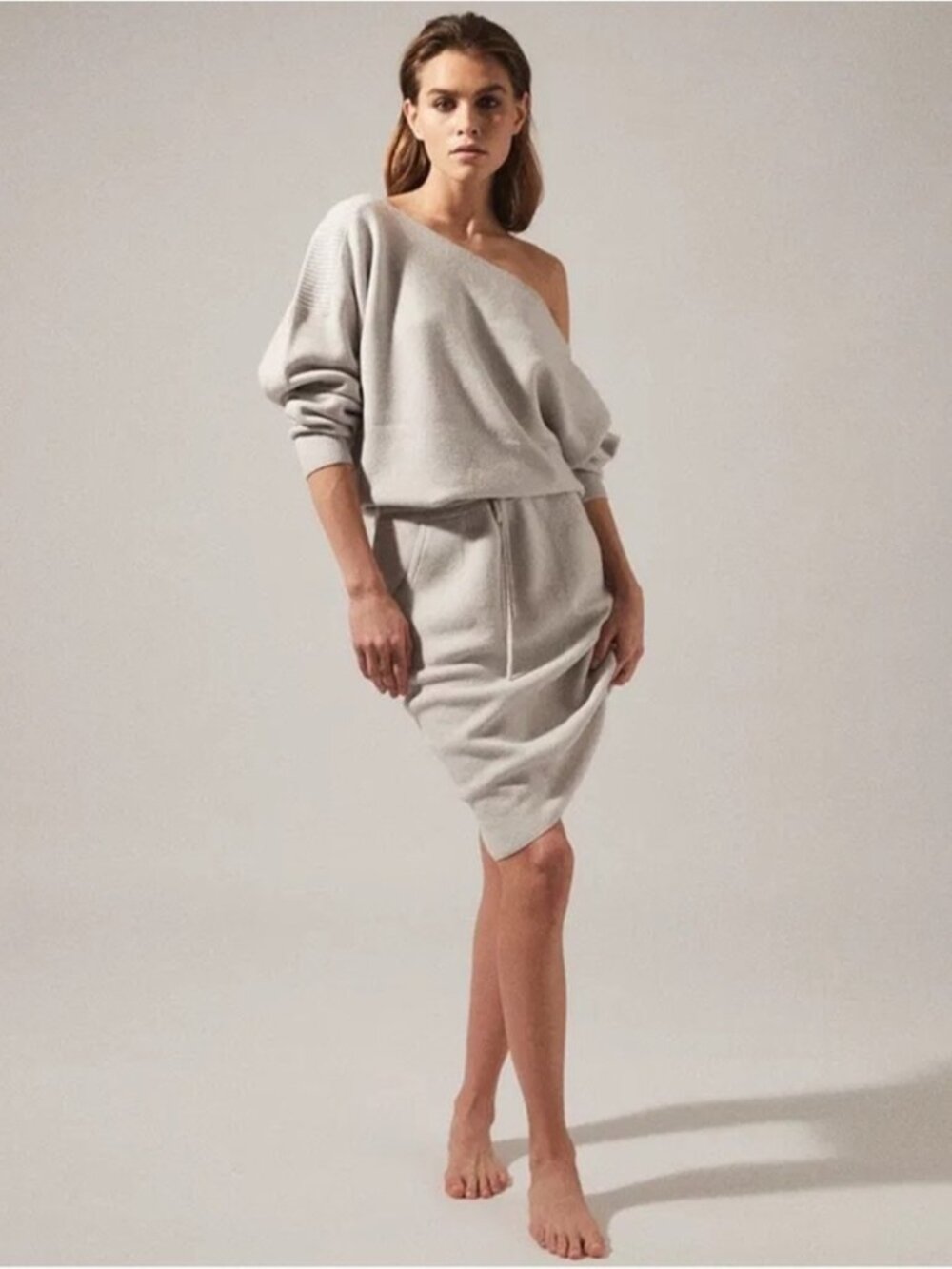 REISS Amara Off The Shoulder Knit Dress Grey Size XS
